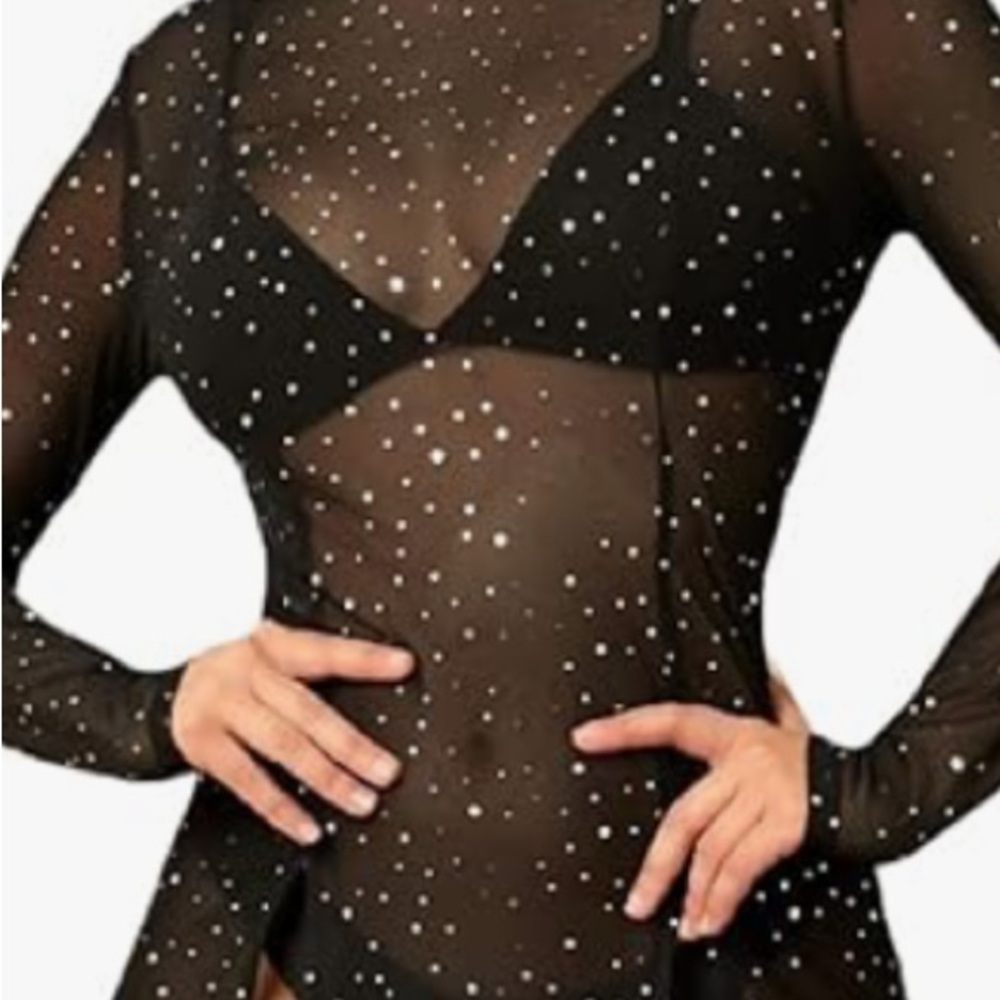 RHINESTONE Black Sheer Long Sleeve Bodycon Swim Coverup Size S